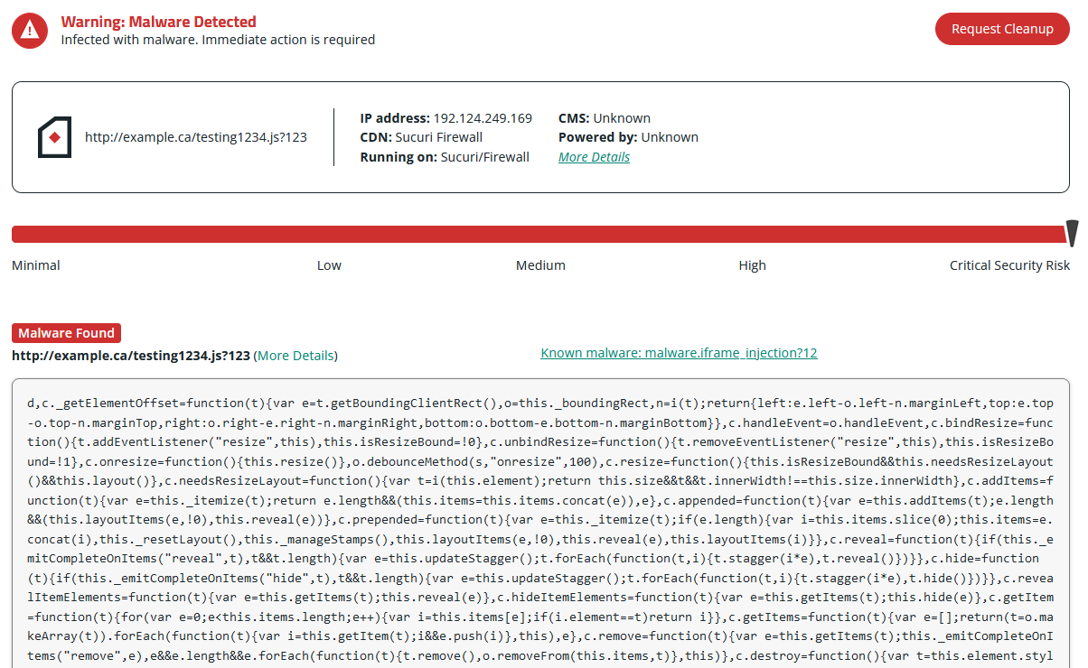 Example of malware detection for JavaScript injection. 