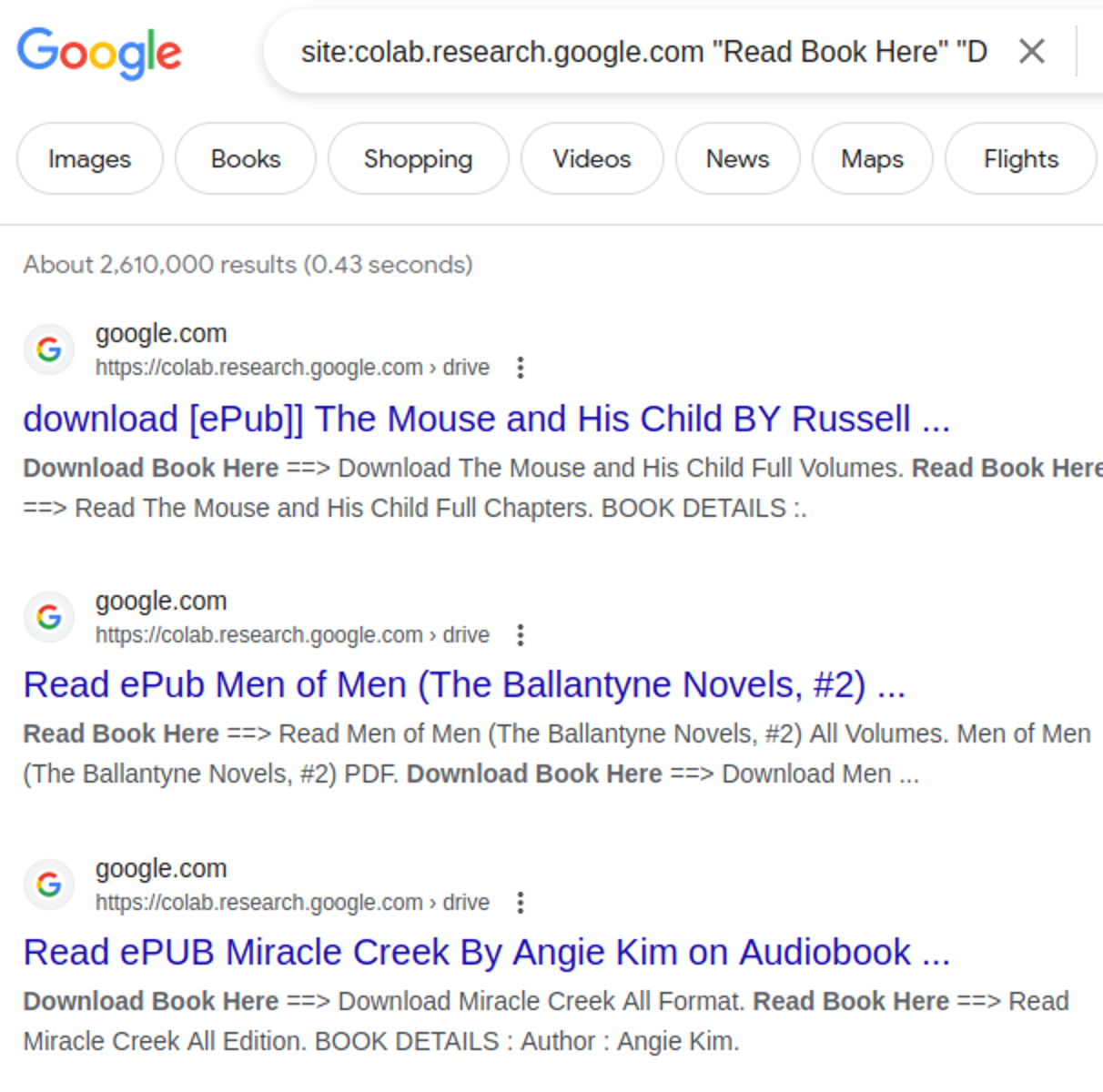 Spam from Google Colaboratory "Read Book Here" query returns over 2.6 million search results