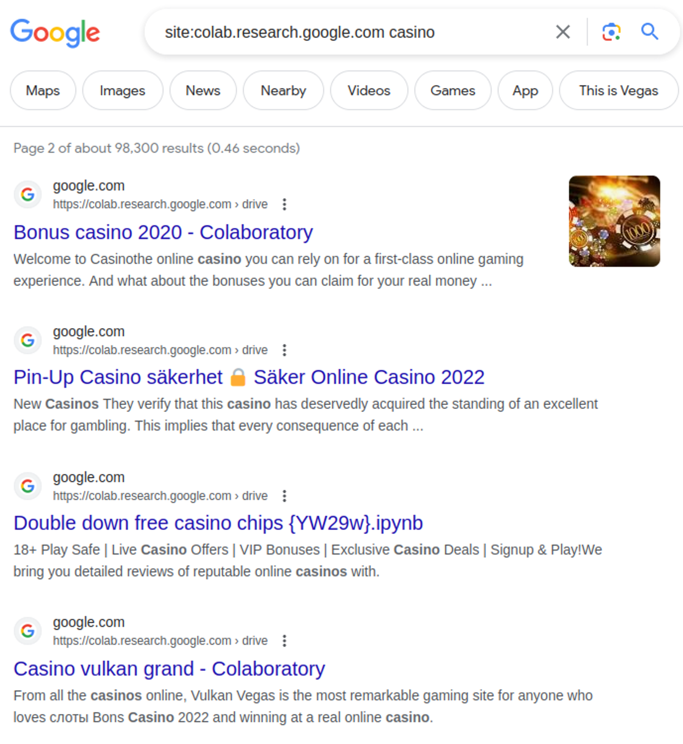 casino keyword in 100,000 Google Colaboratory pages, most of which are spam