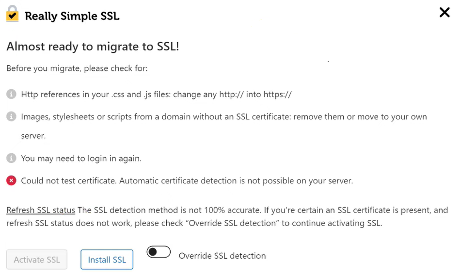 No cert detected with Really Simple SSL Plugin