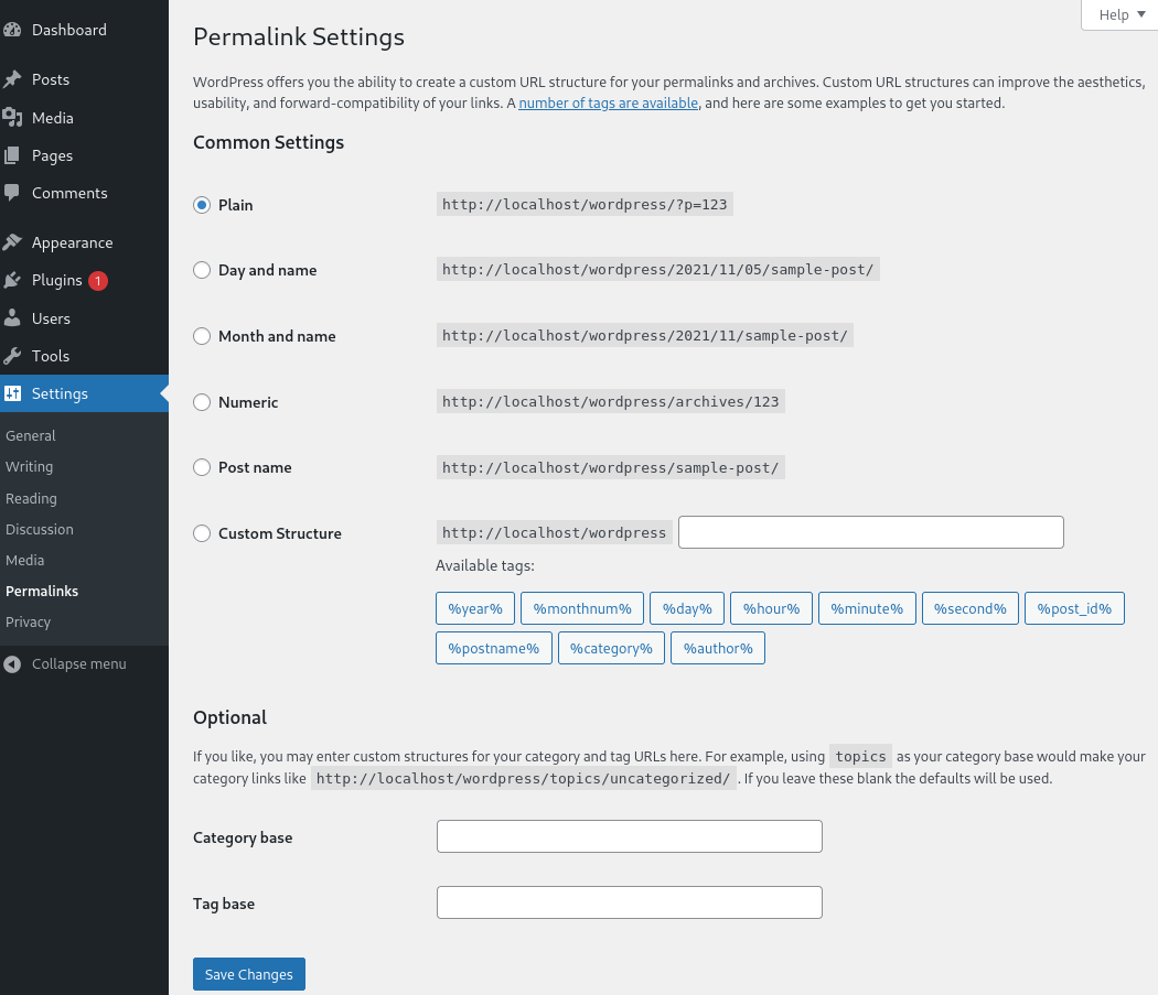 Common settings for WordPress permalinks. 