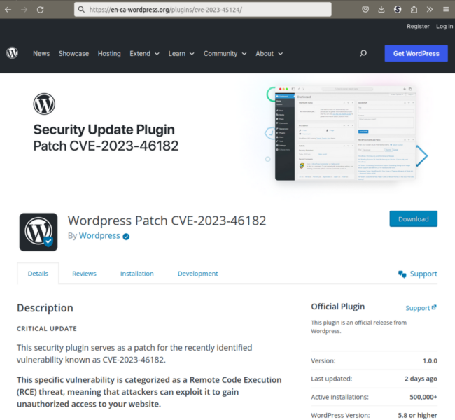 /plugins/cve-2023-45124/ page that looks like a typical plugin page from the official WordPress plugin repository.