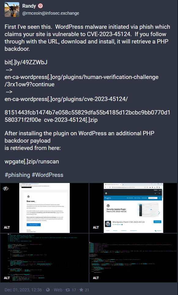WordPress malware phish claims site is vulnerable to CVE-2023-45124