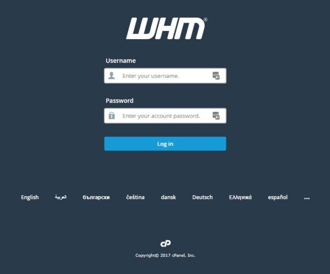 Web Host Manager (WHM) login page
