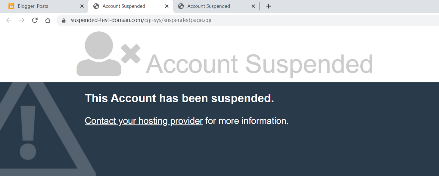 Example of a this account has been suspended message website landing page with suspendedpage.cgi URL