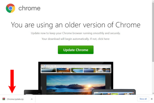 Example of a SocGholish fake Chrome browser update used to serve malicious downloads.