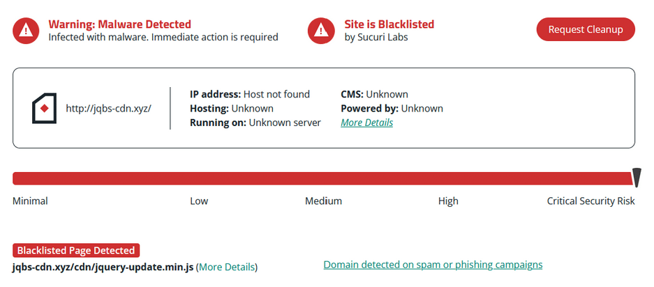 Malicious domain scan results from the SiteCheck remote website scanner.