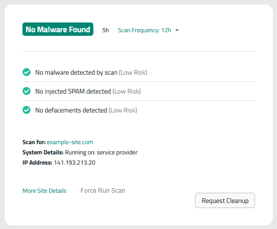 Clean malware scan results from the Sucuri platform. 