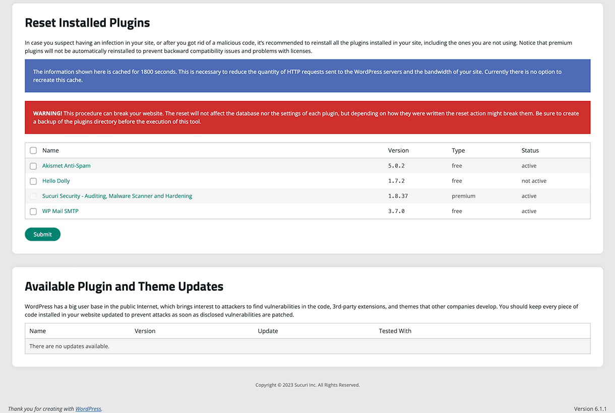 Resetting components and checking for plugin and theme updates in the Sucuri WordPress security plugin. 