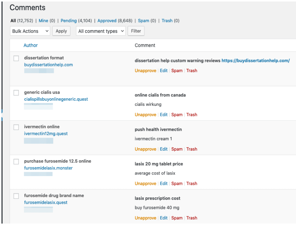 Spam comments on a WordPress website.