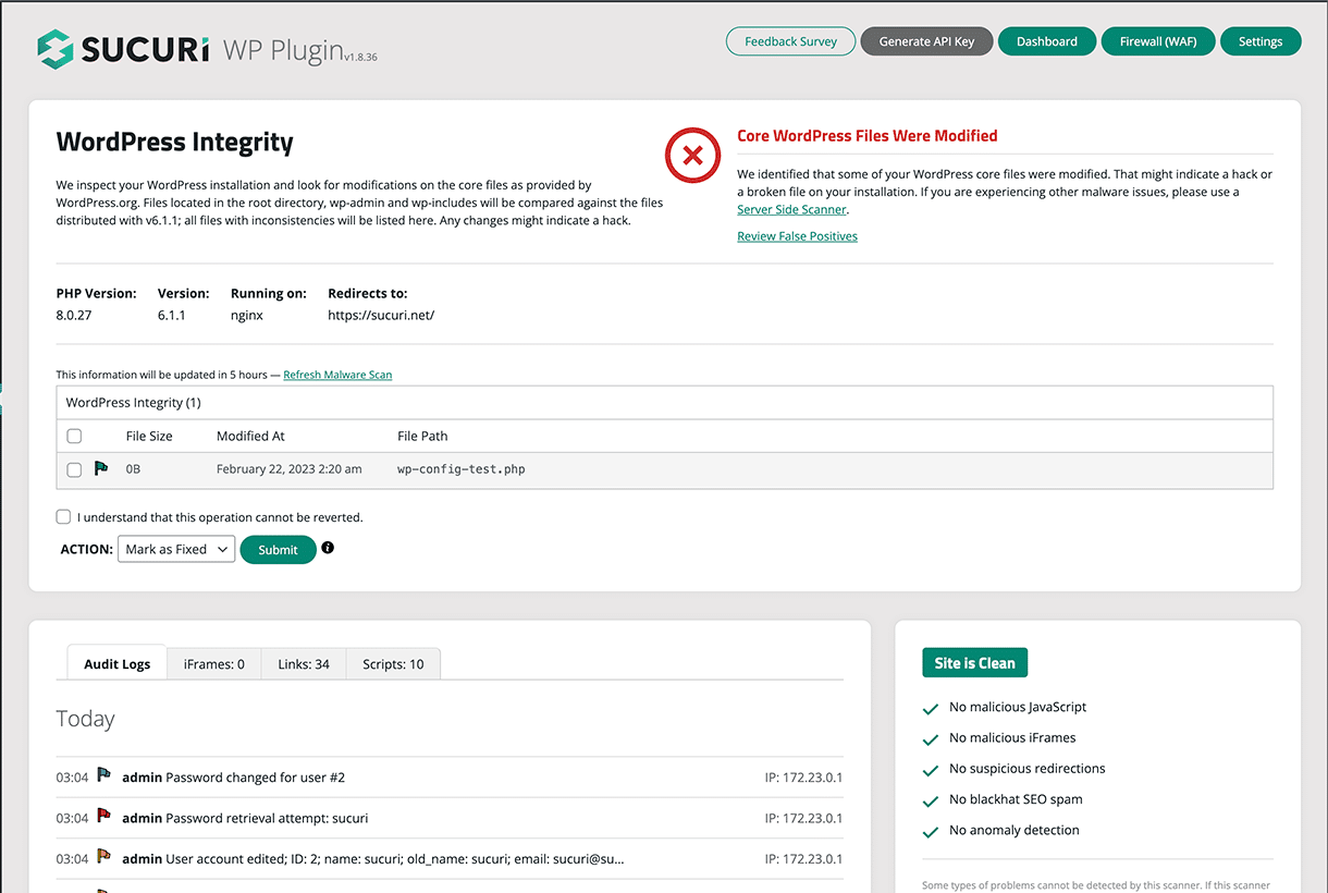 Sucuri plugin dashboard