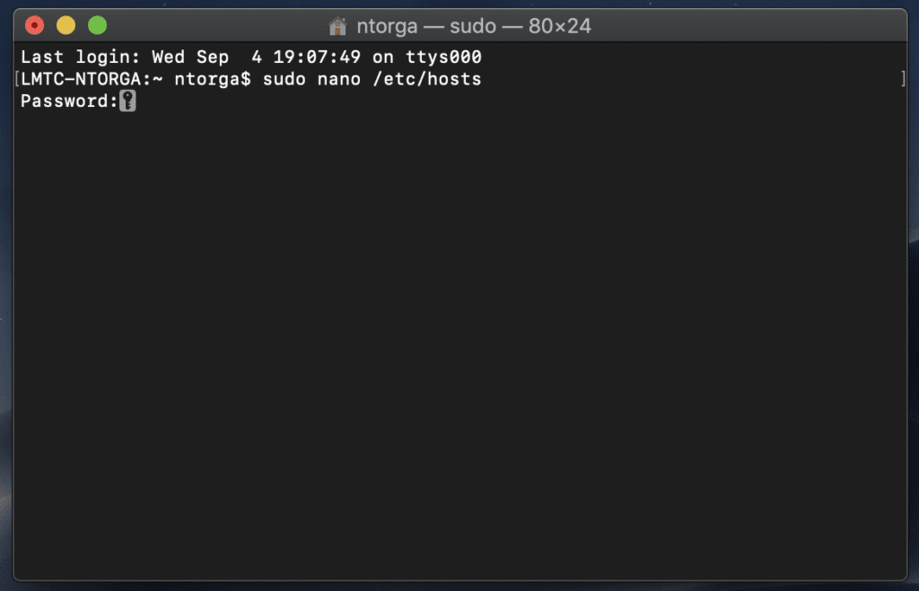 sudo nano /etc/hosts in the Terminal window