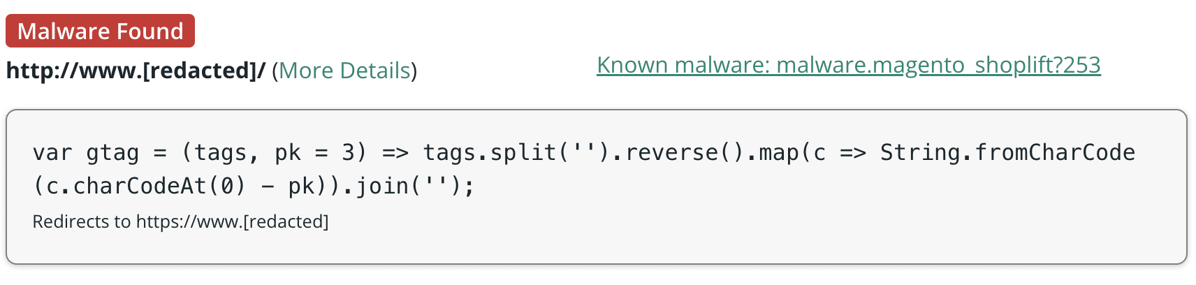 SiteCheck detection for credit card skimmer malware