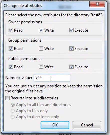 Changing file permissions with FileZilla. 