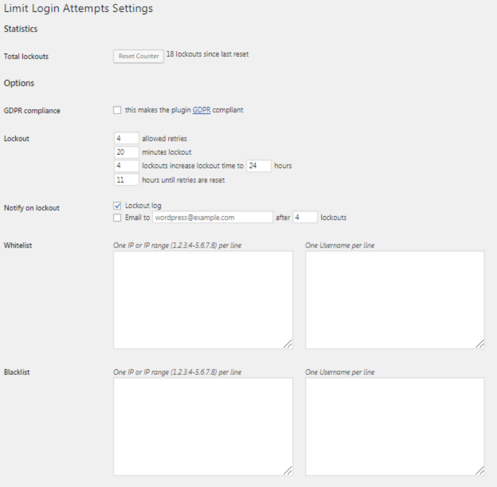 Settings for the Limit Login Attempts Reloaded WordPress plugin. 