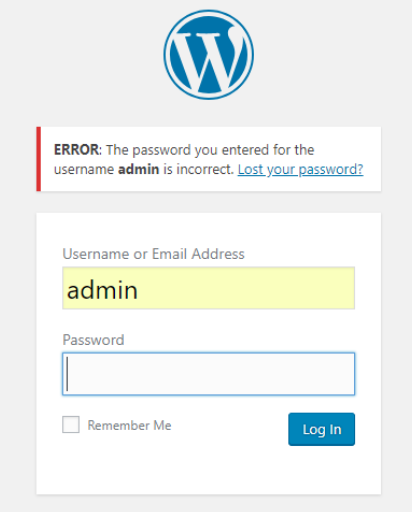 Login error message on WordPress dashboard