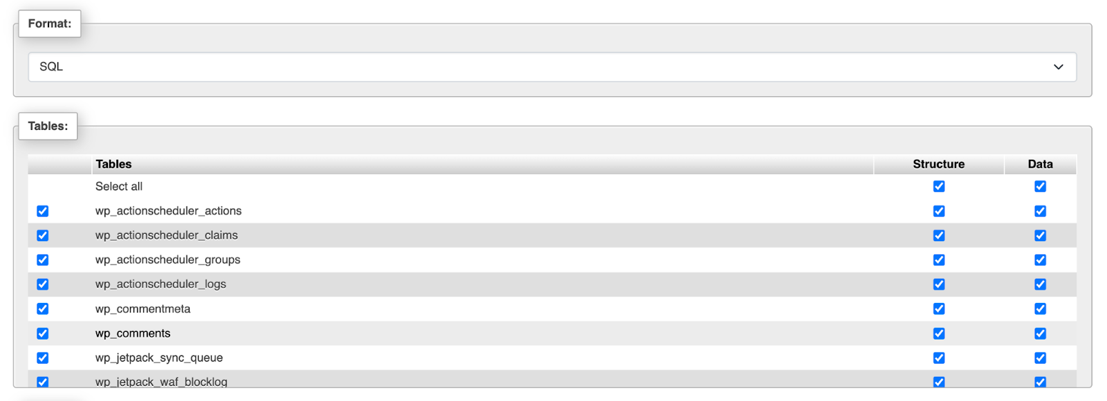 SQL table list