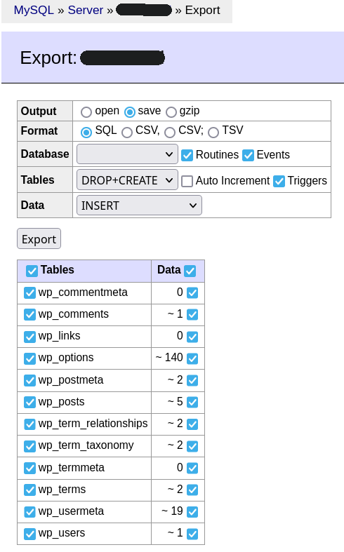 Adminer export settings