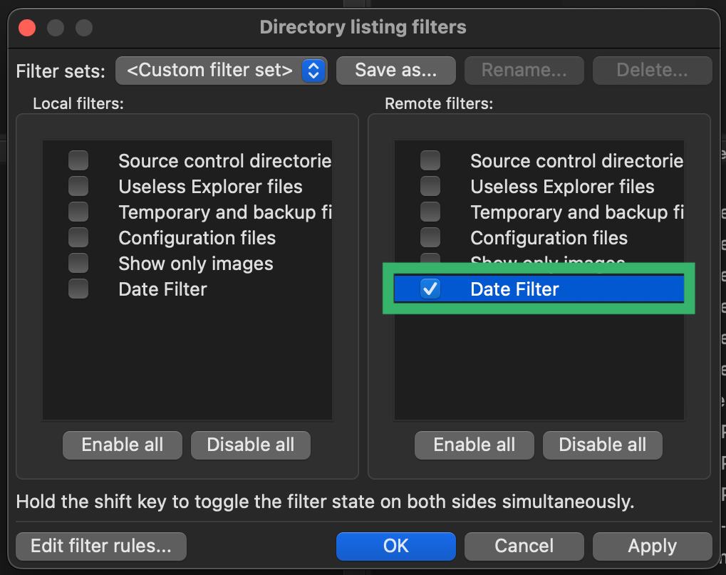 FileZilla apply filter