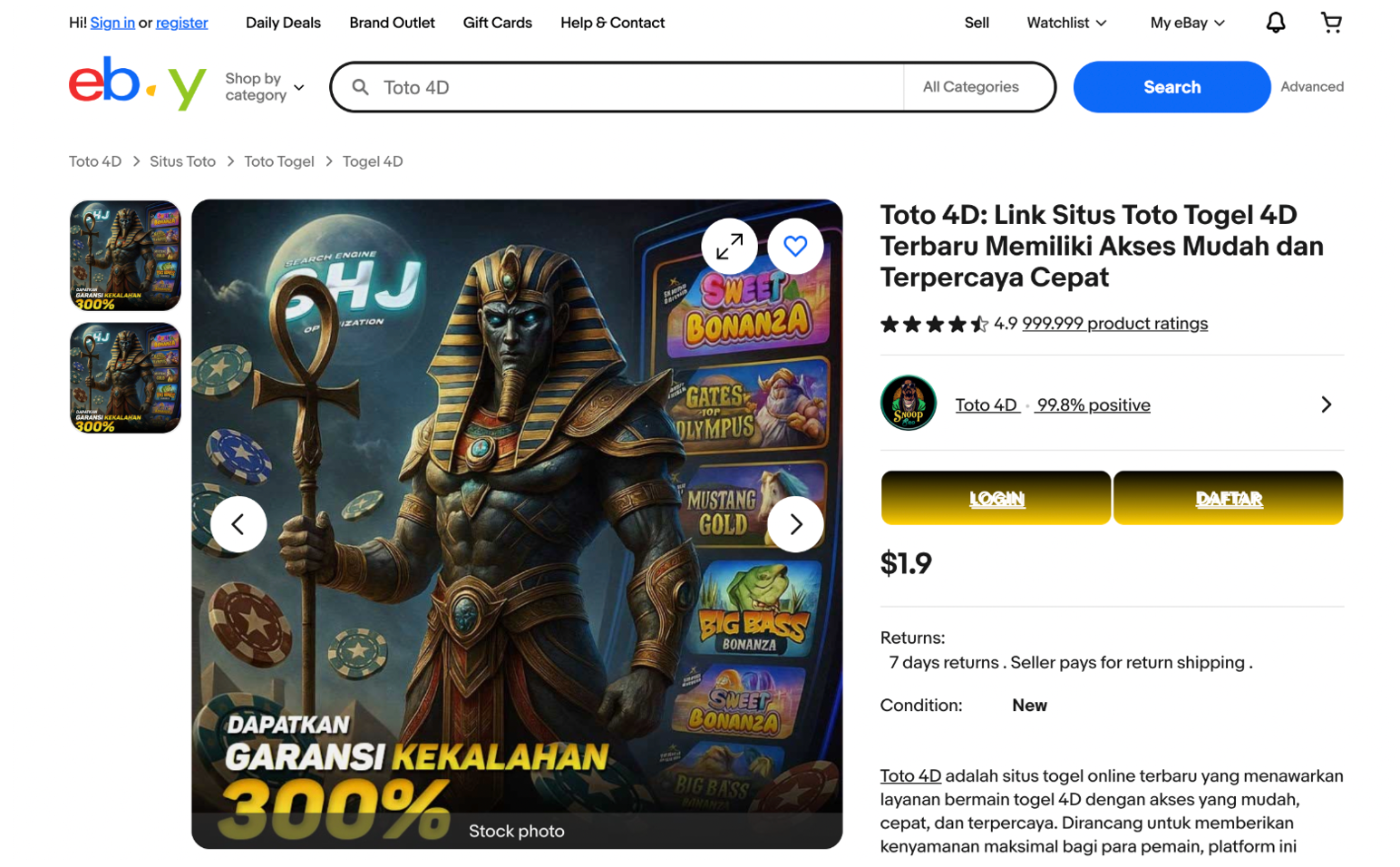 Fake eBay casino spam page