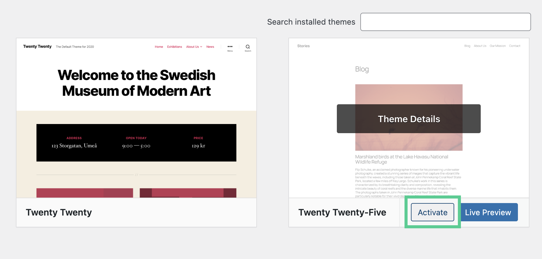 Activate default theme