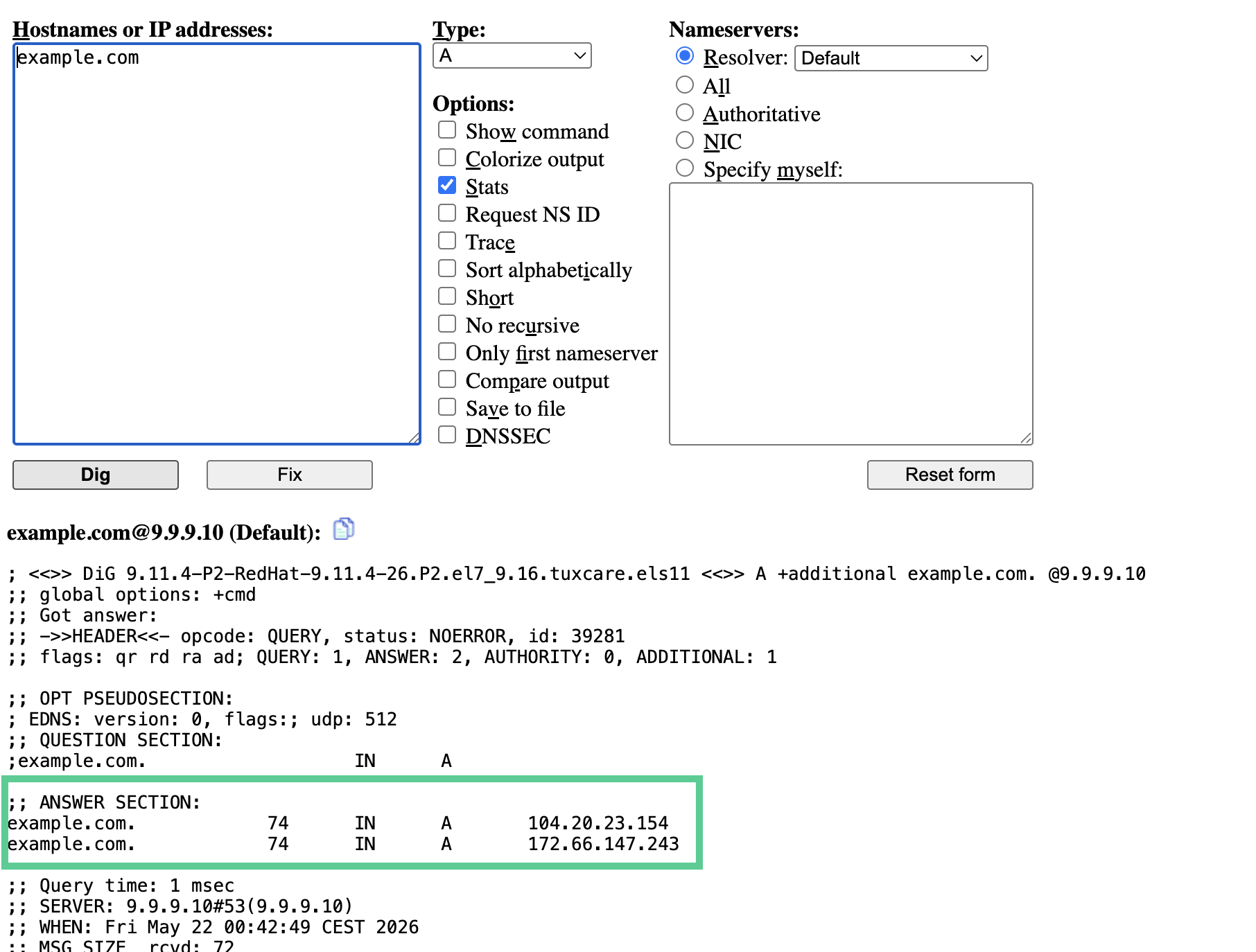 DNS lookup example