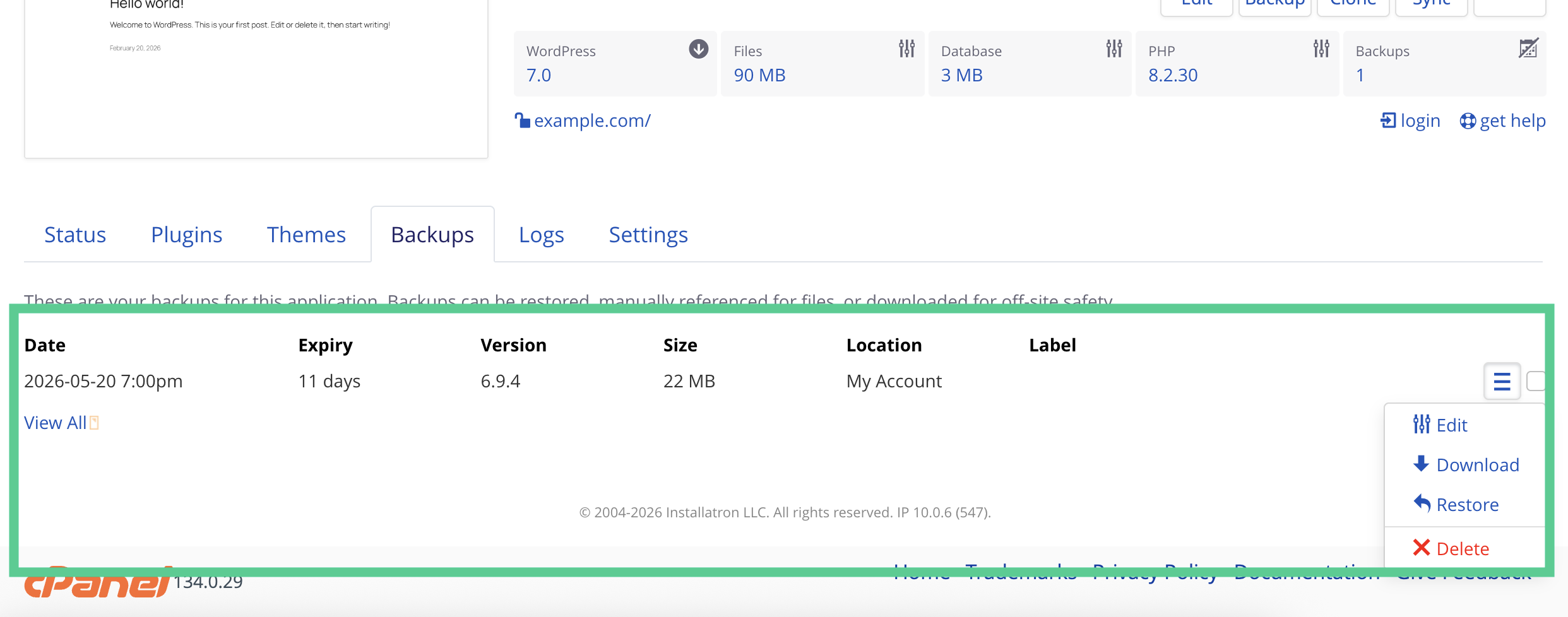 cPanel WordPress backup example